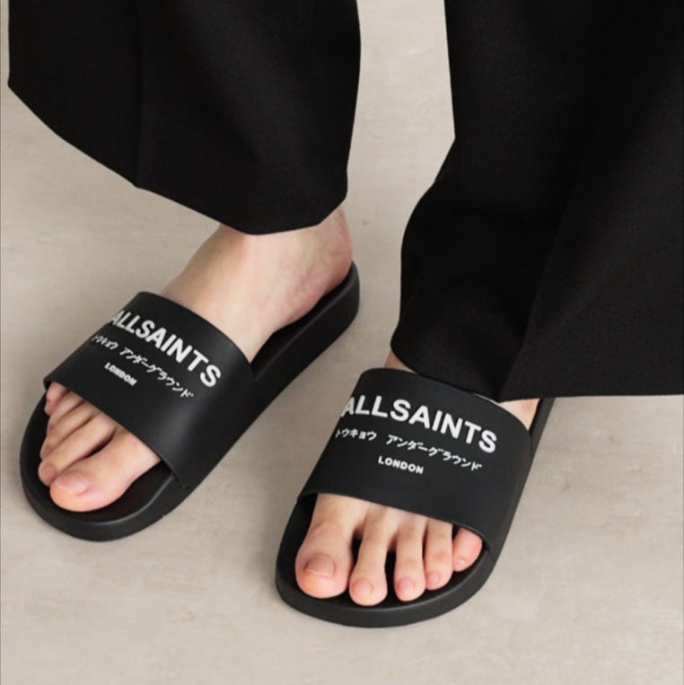 AllSaints Underground Logo Slides Black ALLSAINTS ALLSAINTS - originalfook singapore