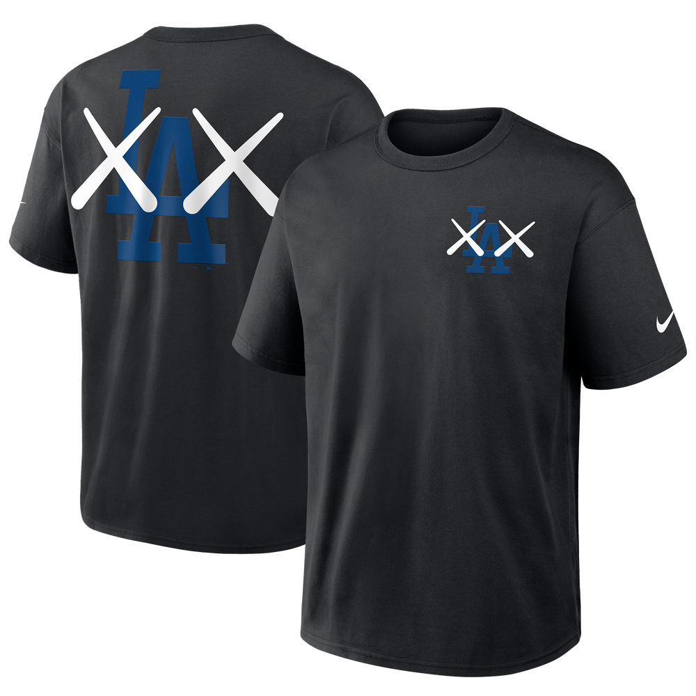 Black KAWS X Nike Los Angeles Dodgers MLB Elevated Max 90 Tee for men, featuring graphic design and casual athletic style.
