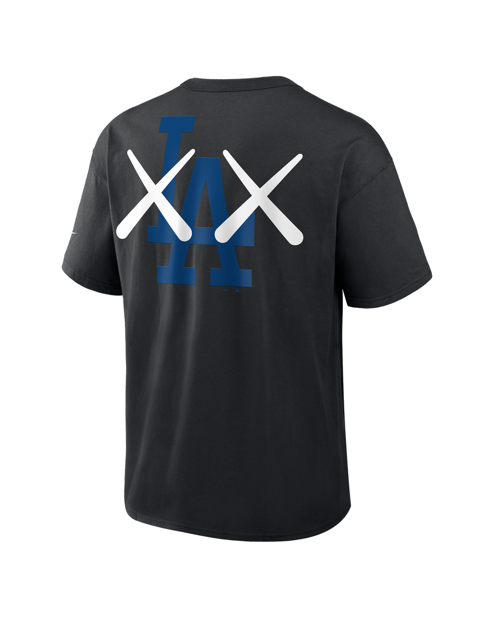 Black KAWS X Nike Los Angeles Dodgers MLB Elevated Max 90 tee for men, featuring graphic design with the HUMAN MADE brand logo.