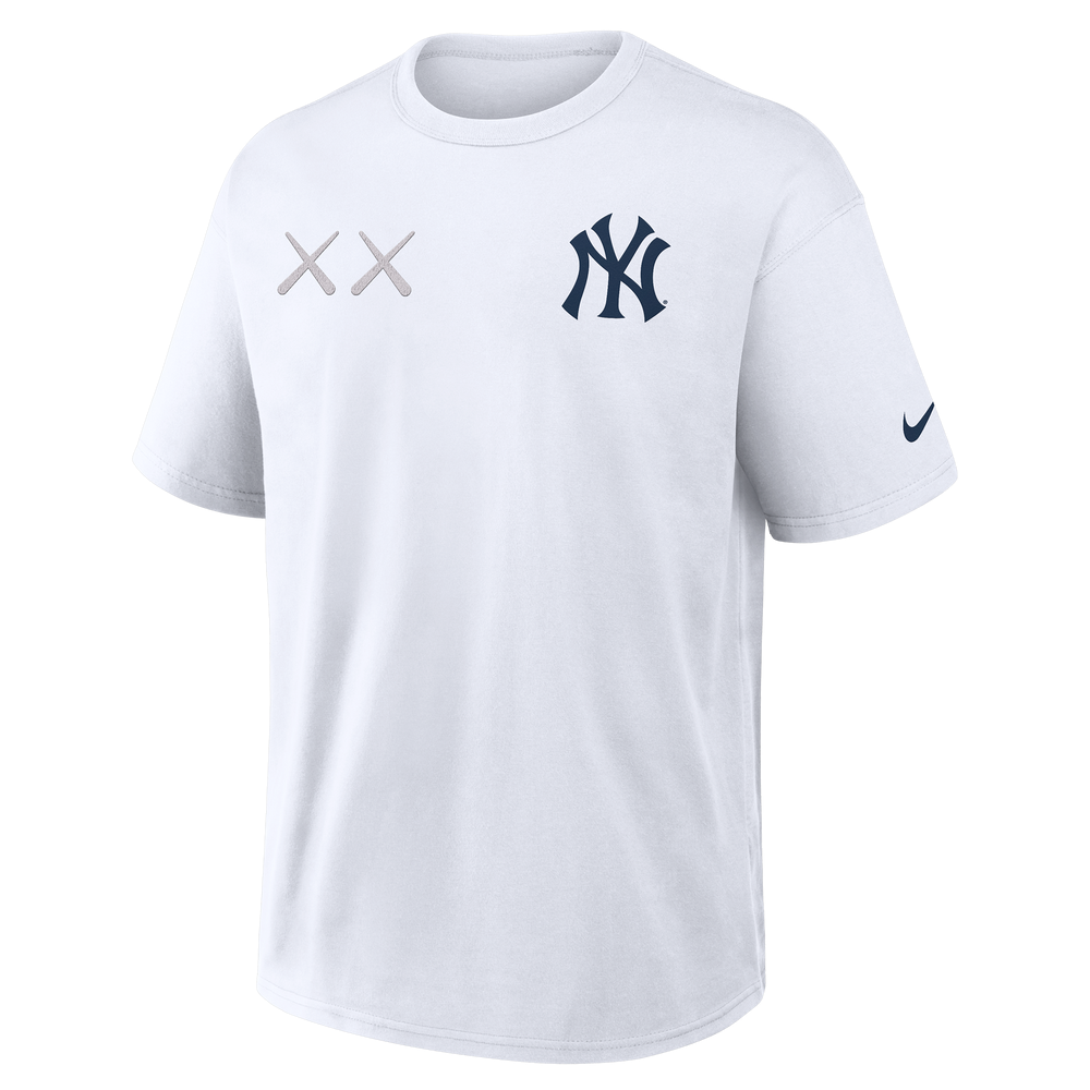 White KAWS X Nike MLB Elevated Max 90 Tee for men, featuring graphic design and casual apparel style from HUMAN MADE.