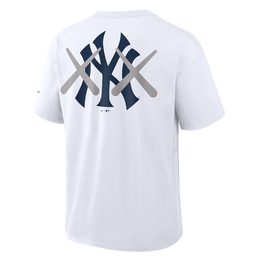 White KAWS X Nike MLB Elevated Max 90 Tee for men, featuring graphic design, from the HUMAN MADE apparel collection.