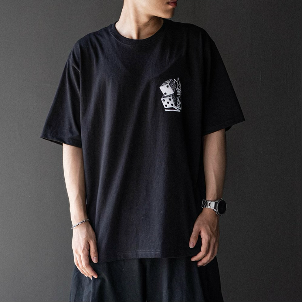 Black Stussy Tall Dice Tee shirt with bold dice graphic, casual streetwear apparel featuring the STUSSY brand logo.