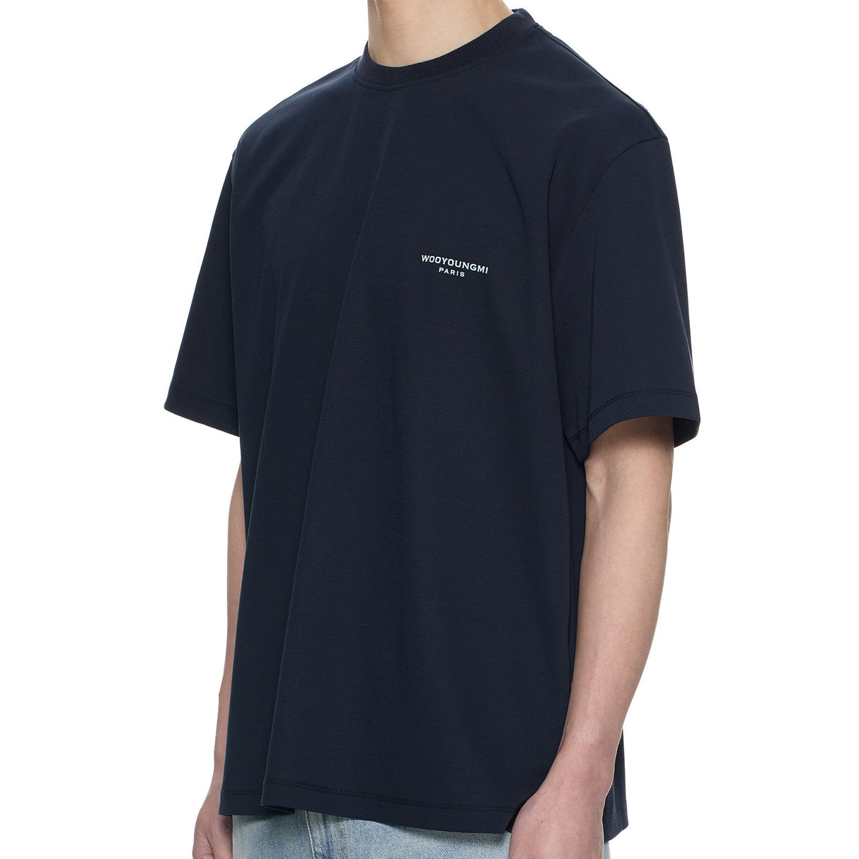 Dark navy Wooyoungmi tuft embroidered back logo T-shirt, casual apparel with detailed embroidery and classic fit.