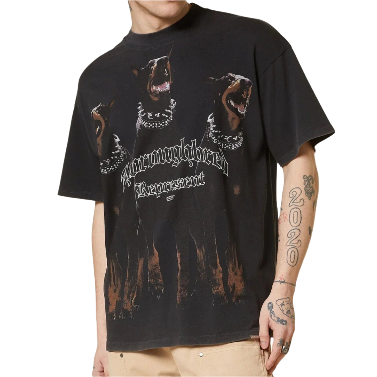 Black Represent Thoroughbred Tee shirt with logo detail, casual fit, and short sleeves, designed for men.