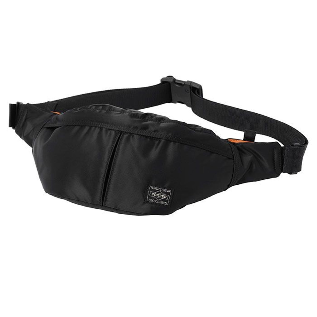 Black PORTER JAPAN waist bag with adjustable strap and multiple compartments, designed for versatile everyday use.