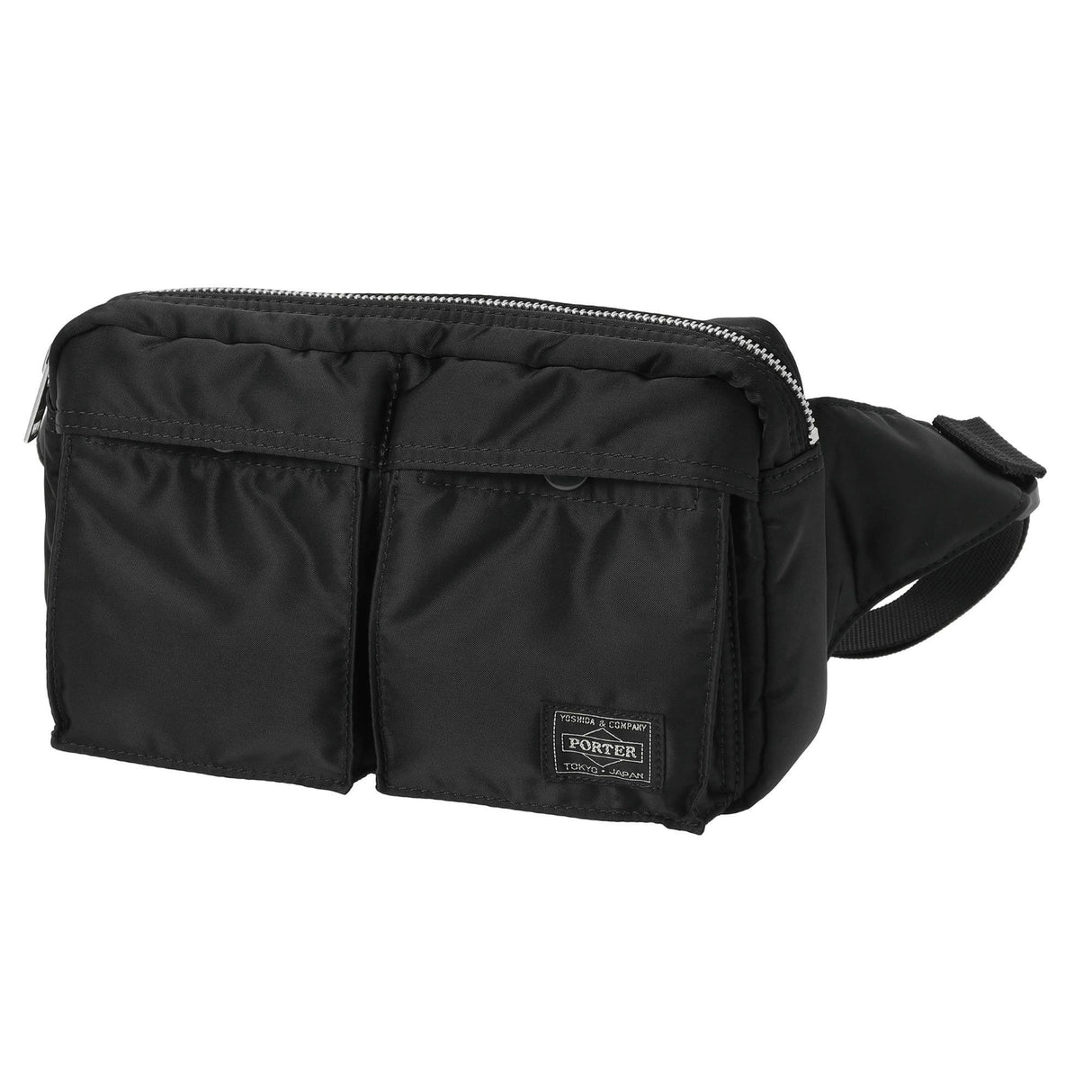 Black Porter Yoshida Japan Tanker waist bag with adjustable strap and multiple compartments for convenient storage.