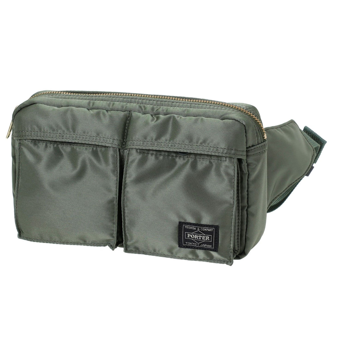 Porter Yoshida Japan Tanker waist bag in sage green, compact and stylish with adjustable strap and multiple storage compartments.