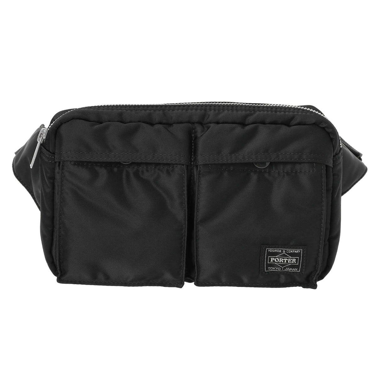 Porter Yoshida Japan Tanker Waist Bag in black with adjustable strap, featuring multiple compartments and durable fabric.