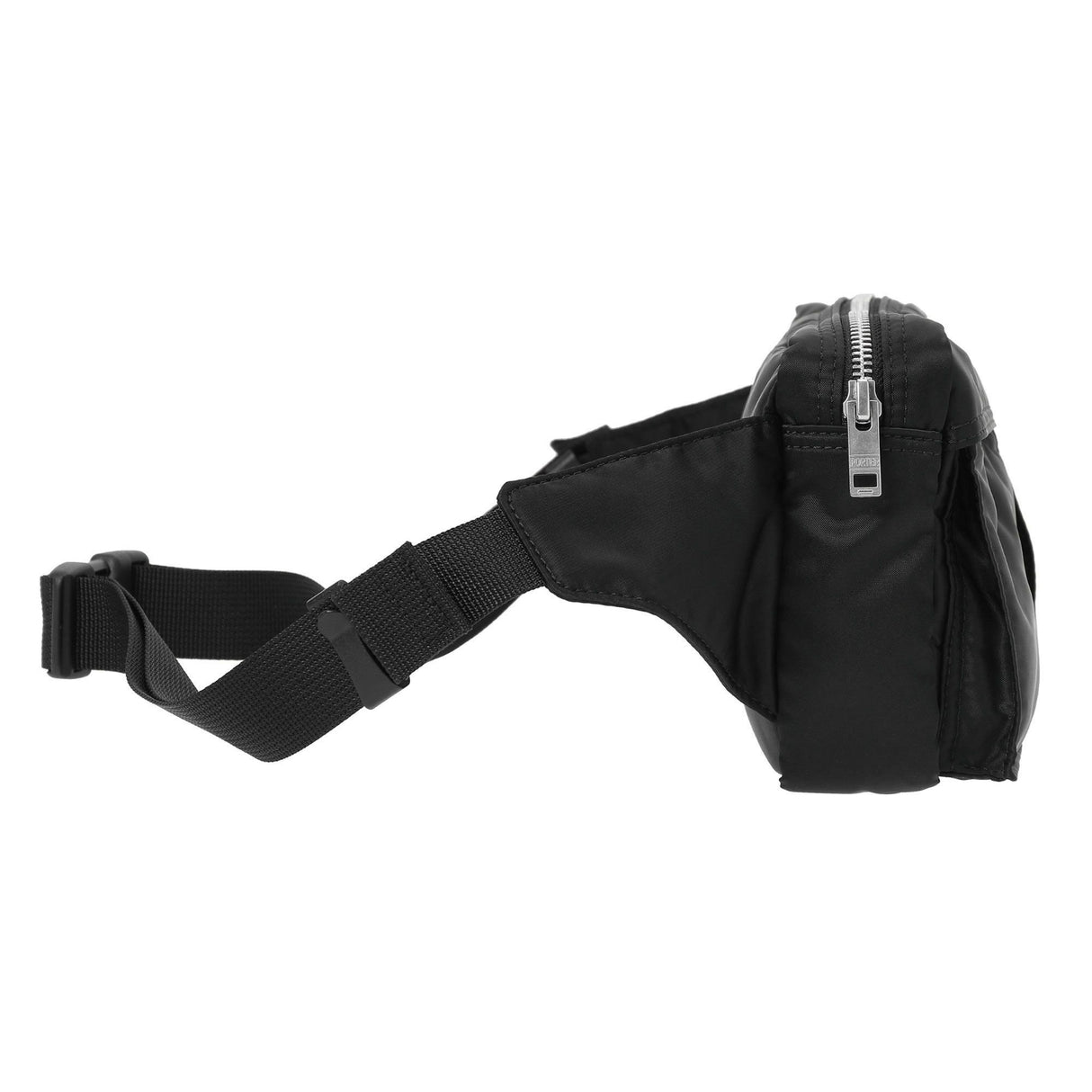 Black Porter Yoshida Japan Tanker waist bag with adjustable strap and multiple compartments, designed for convenient carrying.