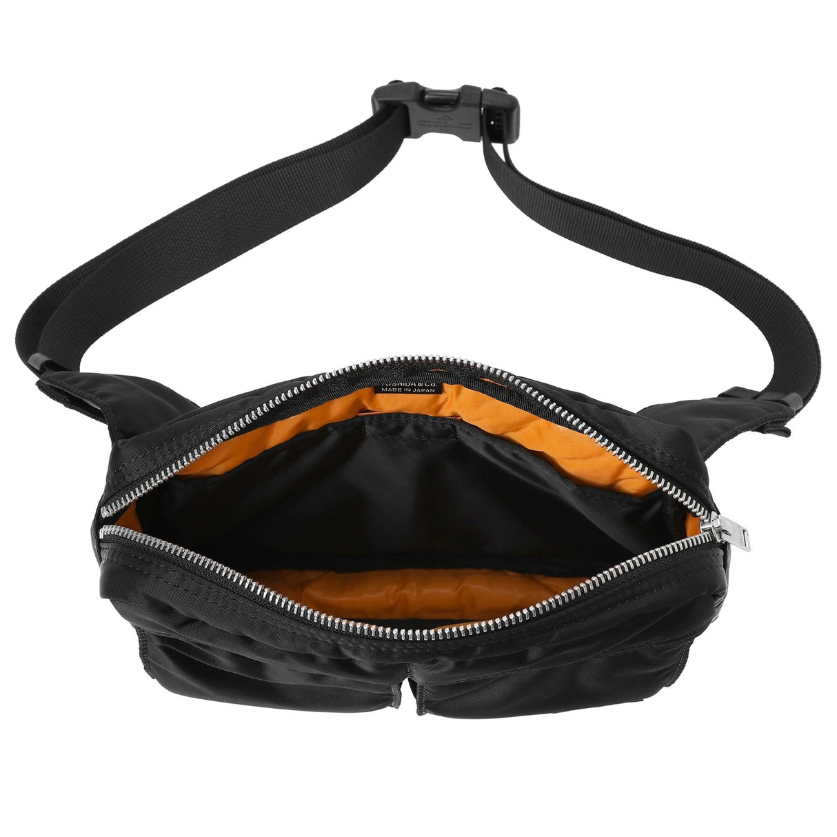 Black Porter Yoshida Japan Tanker waist bag with adjustable strap and multiple compartments, designed for practical everyday use.