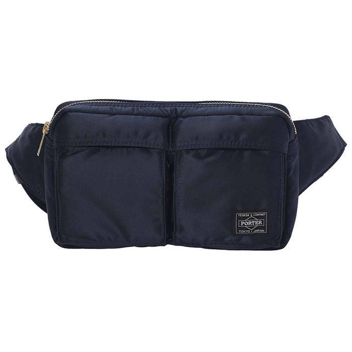 Porter Yoshida Japan Tanker waist bag in iron blue with multiple compartments and adjustable strap, made by PORTER JAPAN.