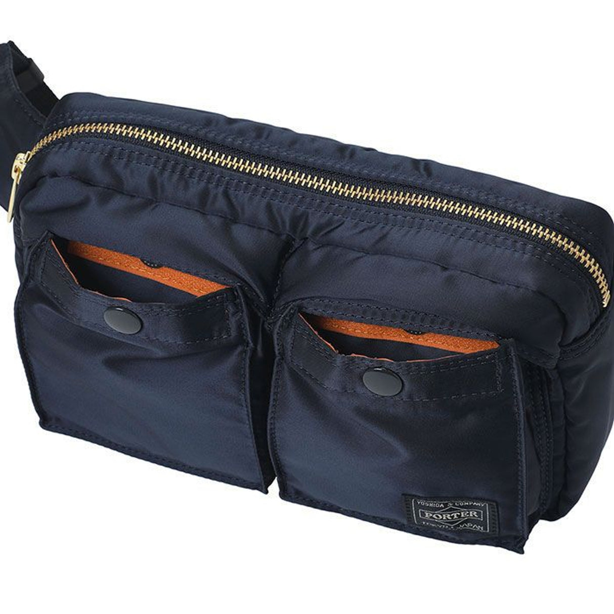 Porter Yoshida Japan Tanker Waist Bag in Iron Blue, stylish and durable bag with adjustable strap and multiple compartments.