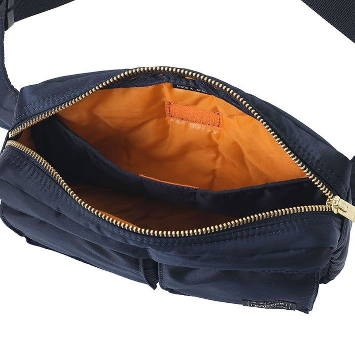 Porter Yoshida Japan Tanker Waist Bag in Iron Blue, durable fabric with adjustable strap, front and side pockets for storage.