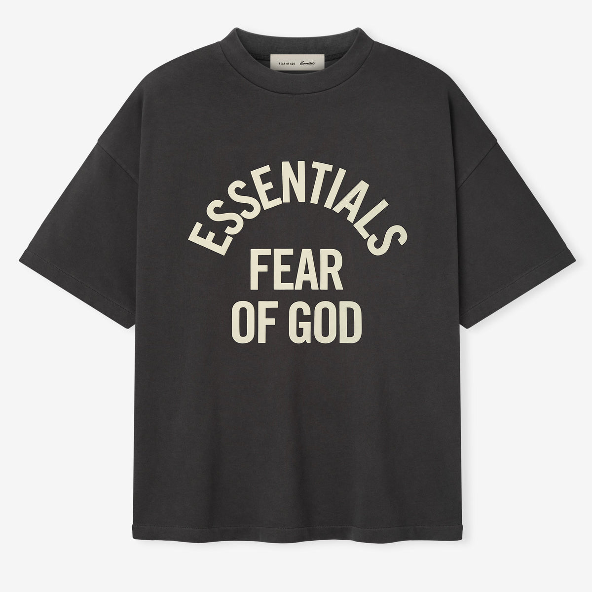 Fear of God Essentials Campus 90s heavyweight short sleeve tee in faded black, casual apparel with a relaxed fit and bold branding.