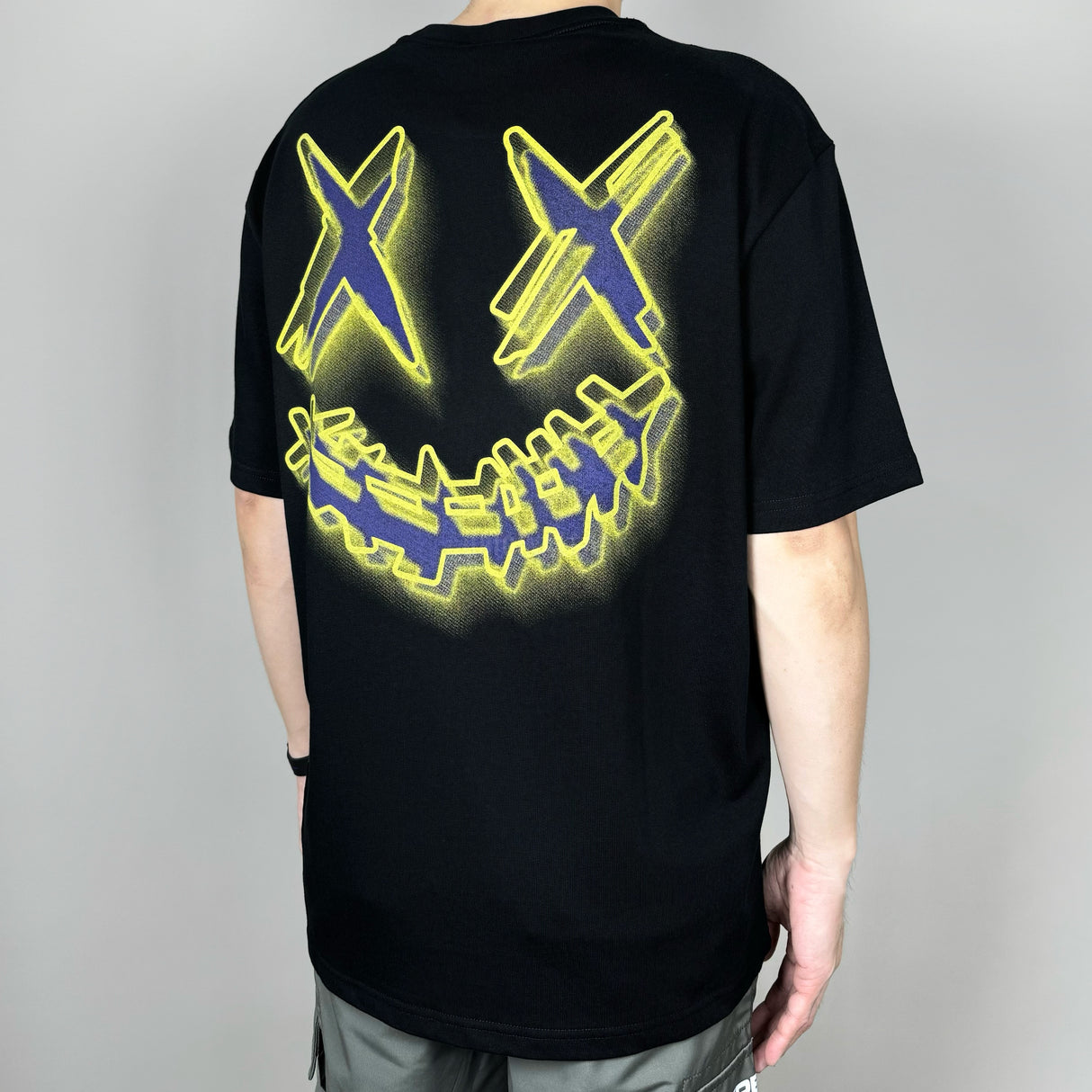 RICKYISCLOWN black 3D stencil graphic T-shirt, men's casual apparel with bold design, front view.