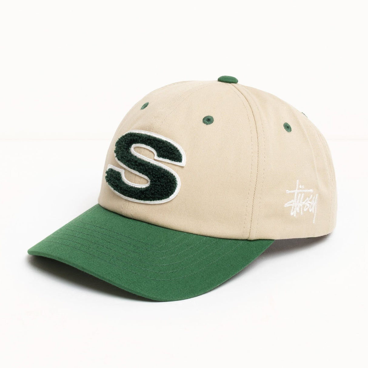 Stussy Chenille S Cap in sandy color, stylish casual headwear with embroidered logo, perfect for everyday wear.