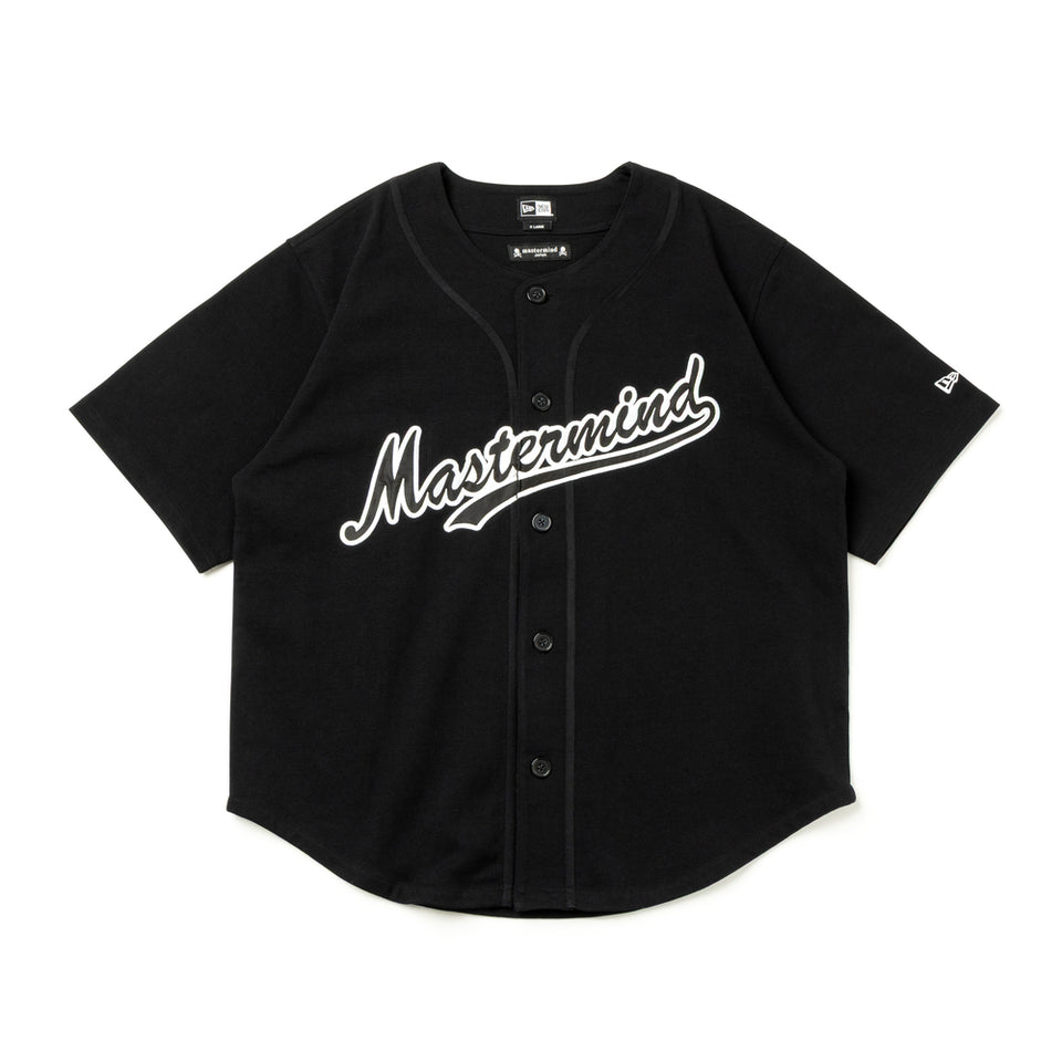 Black heavyweight baseball shirt by Mastermind Japan X New Era, featuring bold design details and classic sportswear style.