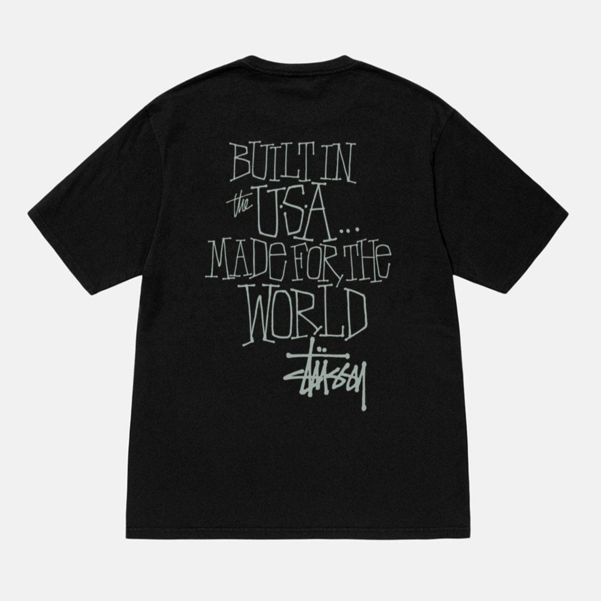 Black Stussy Built In America T-shirt, casual apparel with graphic design, displayed on a plain background.