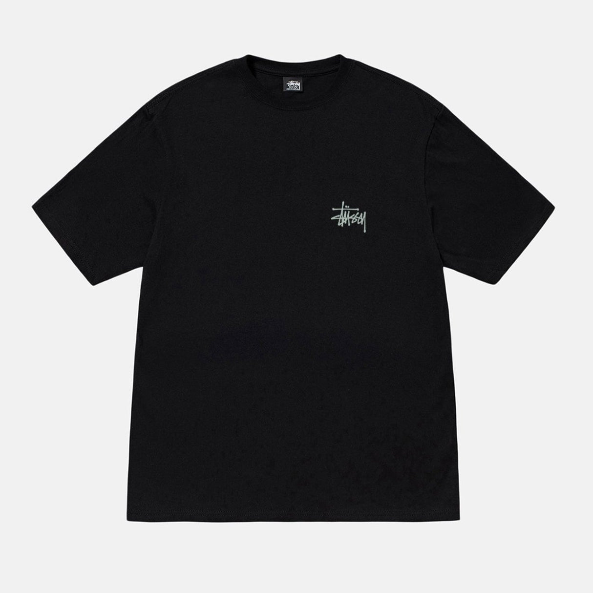 Black Stussy Built In America T-shirt displayed flat, featuring classic logo print on the front, casual apparel for streetwear style.