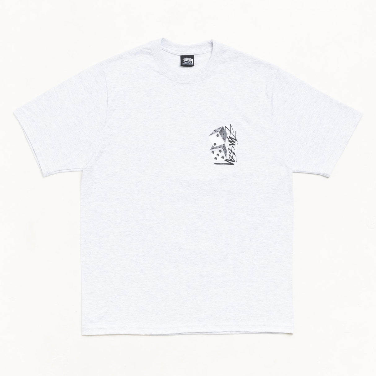 Stussy Tall Dice Tee in Ash Heather, casual men's t-shirt with dice graphic, soft cotton fabric, and relaxed fit.