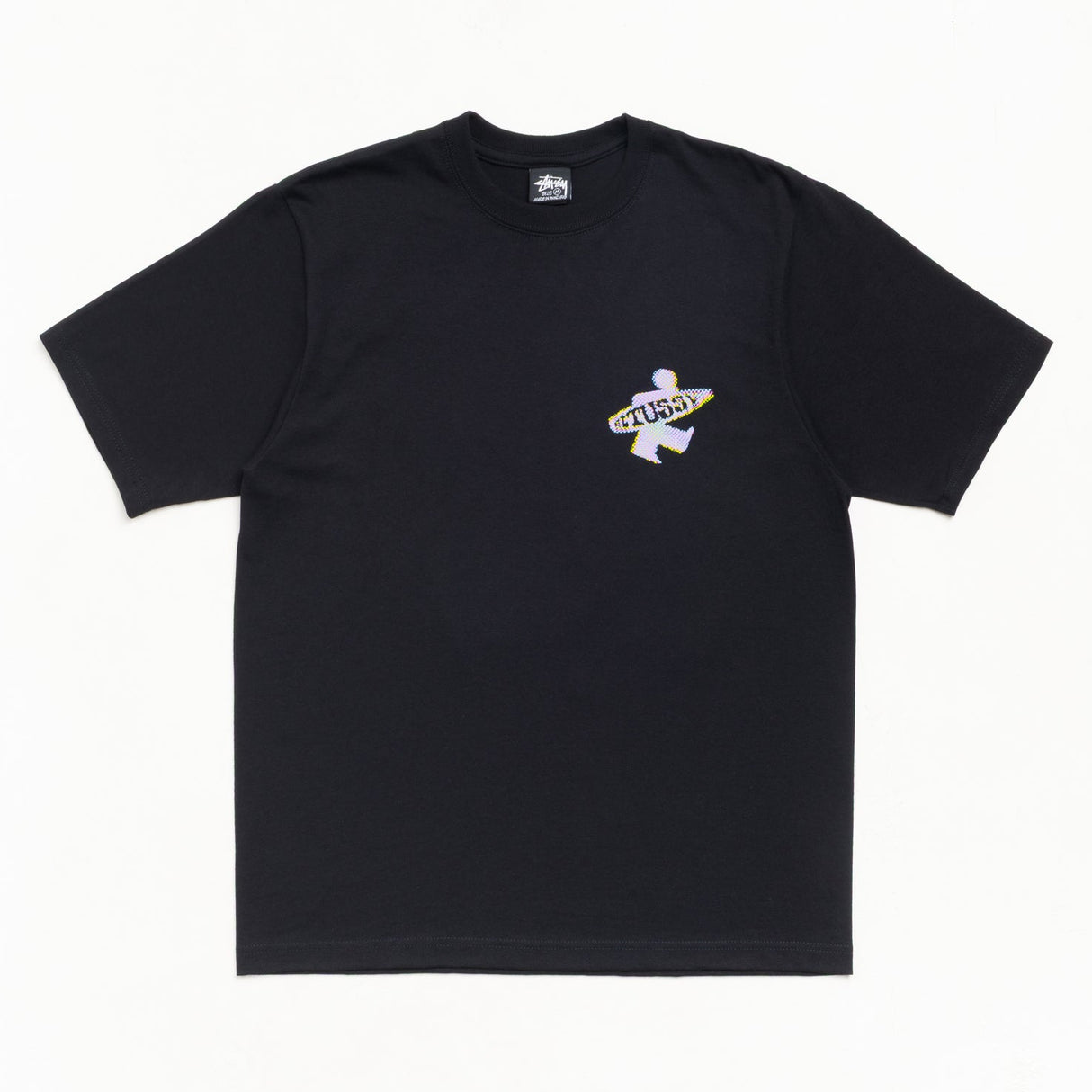 Black Stussy Surf Purf T-shirt for men, featuring a casual fit and surf-inspired design, from the Stussy apparel collection.