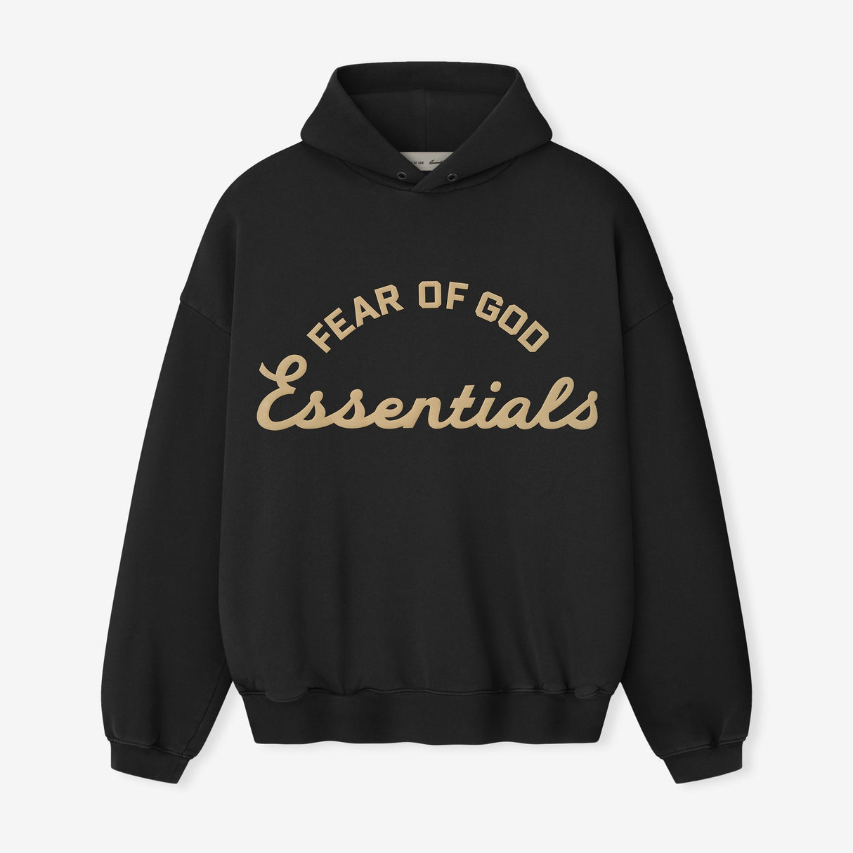 Fear of God Essentials Training 90s Heavyweight Hoodie in faded black, showcasing the cozy, oversized hoodie with brand logo detail.