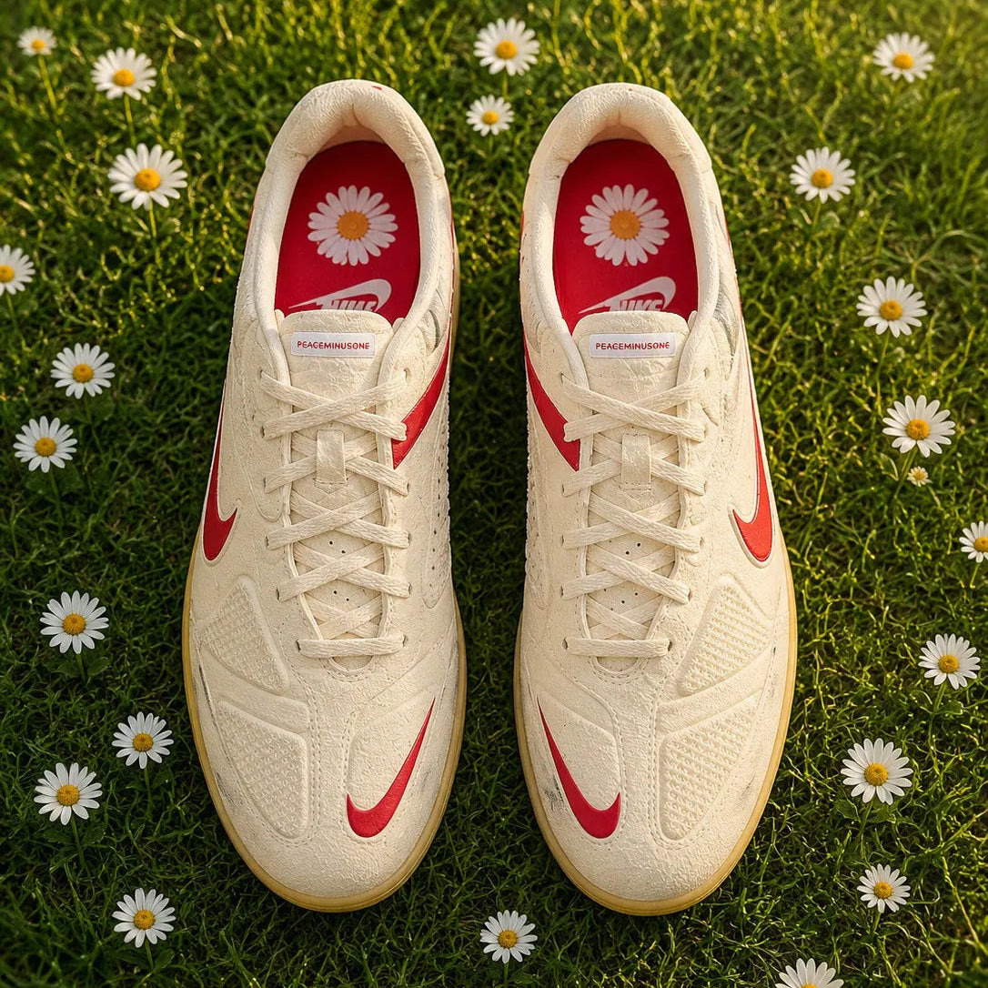 Nike PEACEMINUSONE x Cryoshot CTR360 Maestri II shoes in natural university red, showing the sleek design and vibrant color.