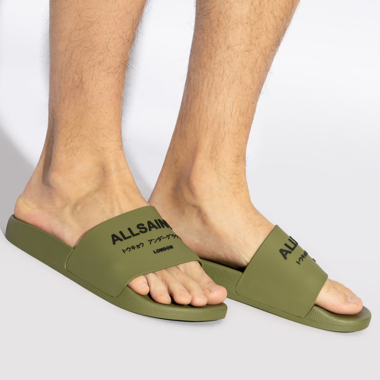 AllSaints Underground Logo Slides Khaki ALLSAINTS ALLSAINTS - originalfook singapore