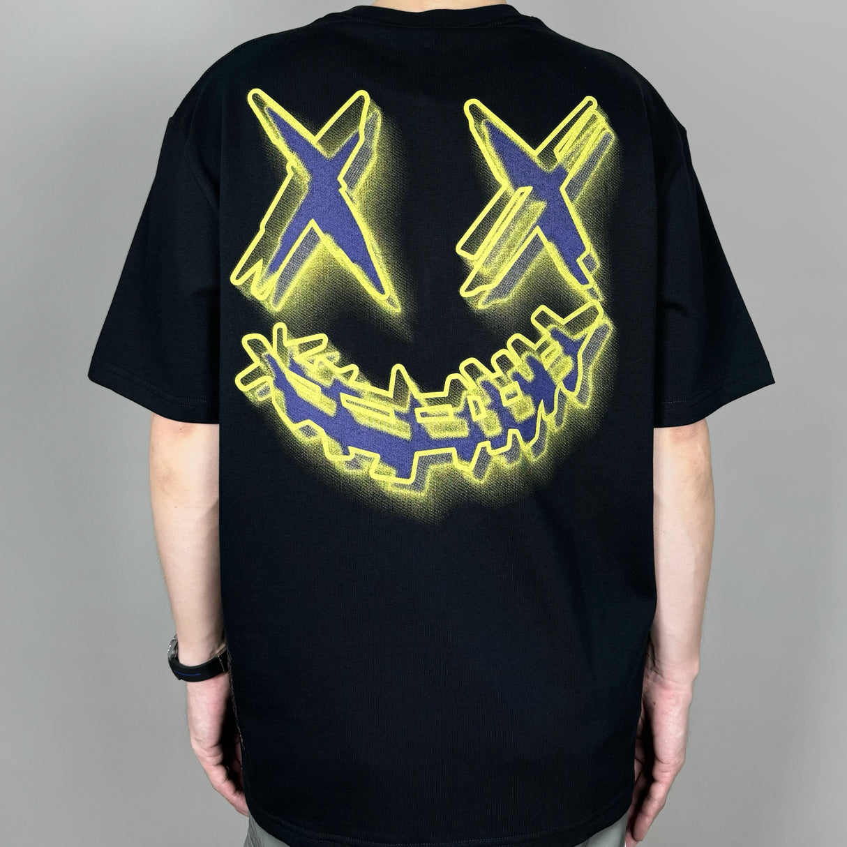 RICKYISCLOWN black 3D stencil graphic t-shirt featuring clown design, casual apparel for streetwear and fashion enthusiasts.