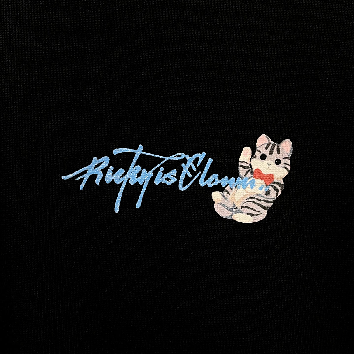 Black Rickyisclown hanging cat smiley tee shirt with graphic design, casual apparel by RICKYISCLOWN, shown on a plain background.