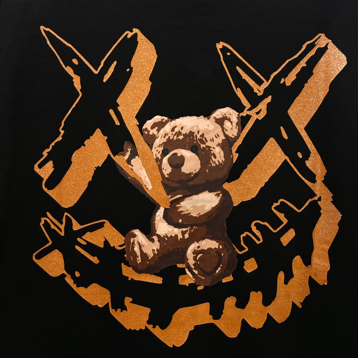 Black Rickyisclown hanging bear smiley tee shirt featuring a playful bear graphic, casual apparel by RICKYISCLOWN.