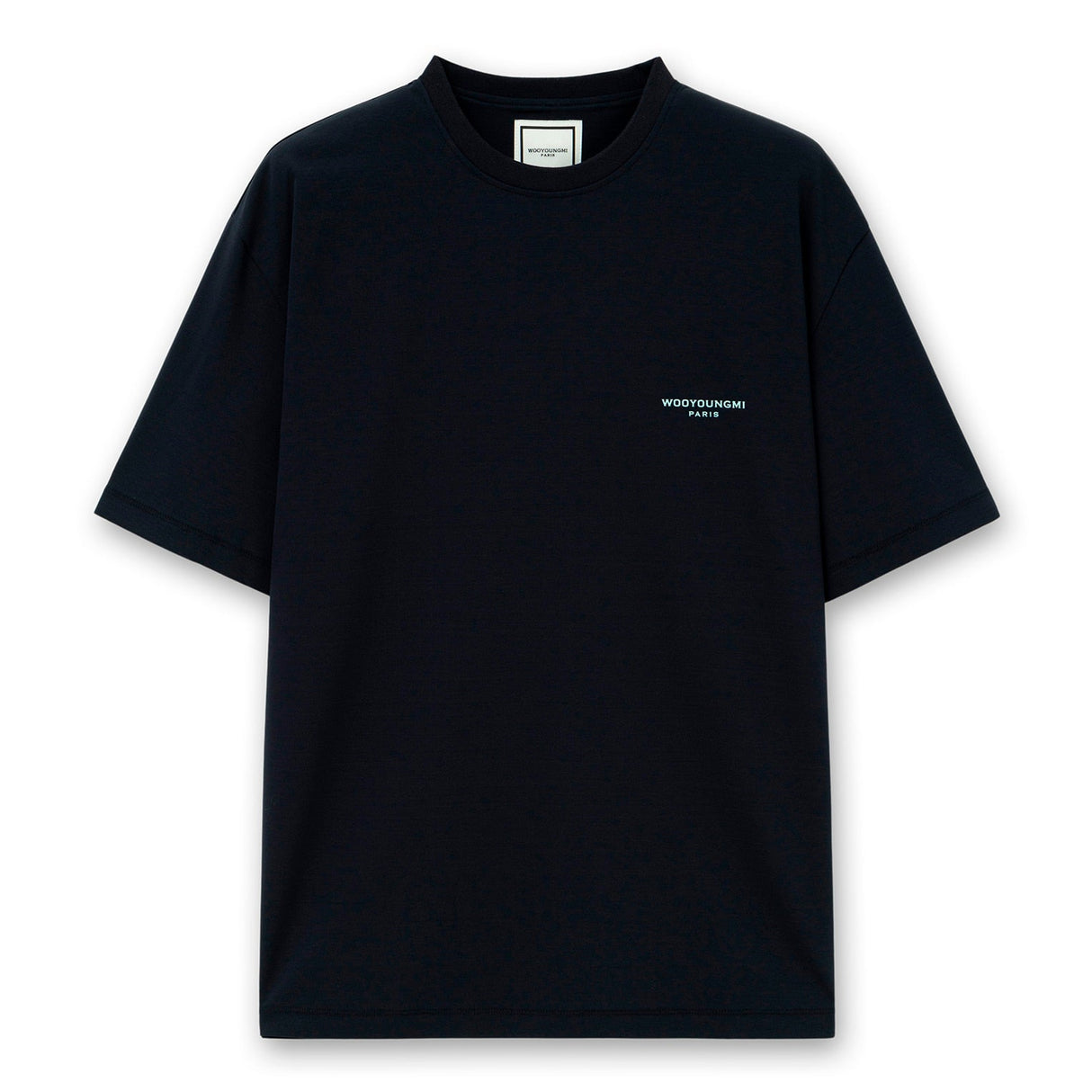 Dark navy Wooyoungmi tuft embroidered back logo tee featuring a casual fit and subtle embroidered design on the back.