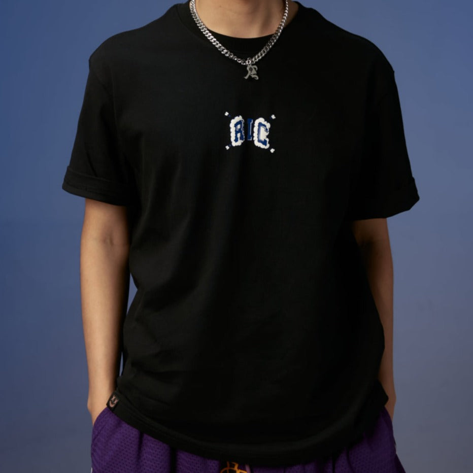 Rickyisclown black embossed cloud graphic T-shirt, casual apparel with unique textured design, front view.