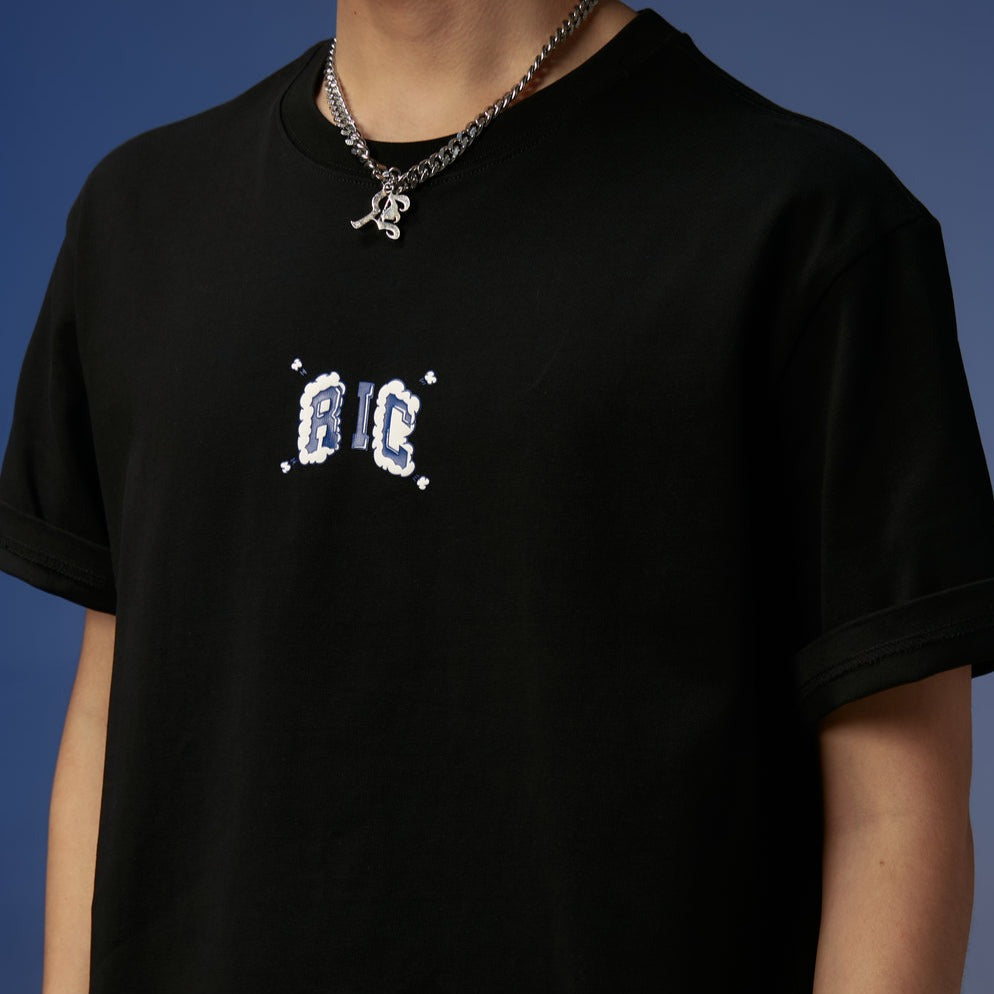 Black Rickyisclown embossed cloud logo T-shirt from the Rickyisclown apparel collection, featuring a textured cloud design.