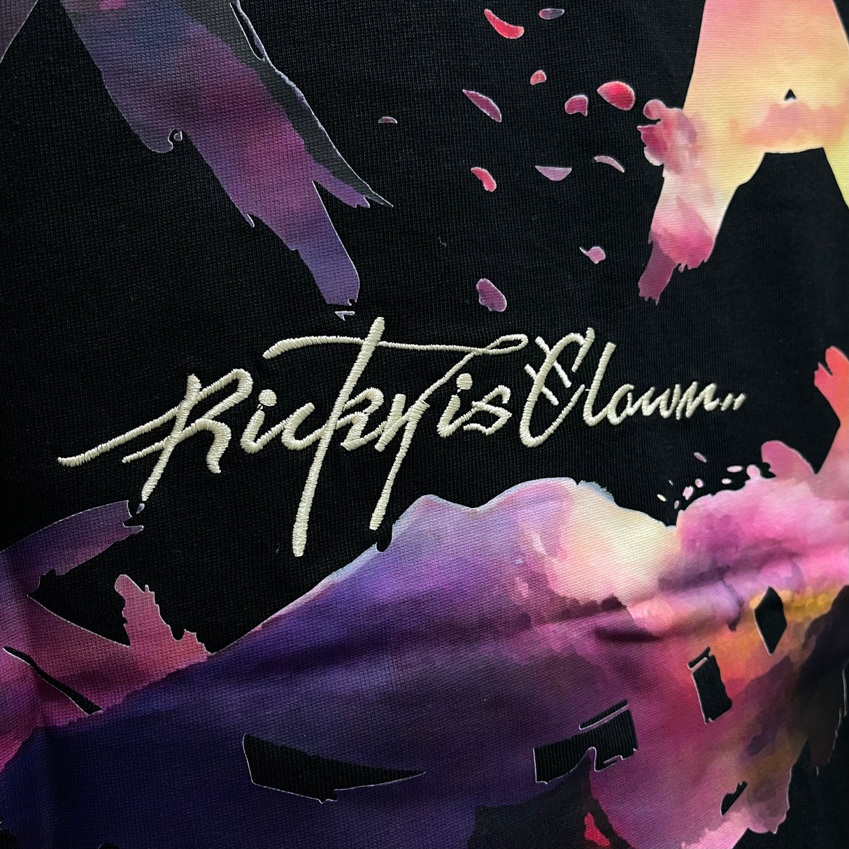 Black Rickyisclown Sakura Sunset T-shirt featuring vibrant sunset and floral design, casual apparel from Rickyisclown.