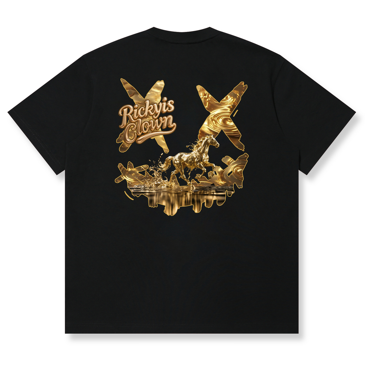 Black Rickyisclown Golden Horse Tee for men, featuring a gold horse graphic, casual apparel from the Rickyisclown brand.