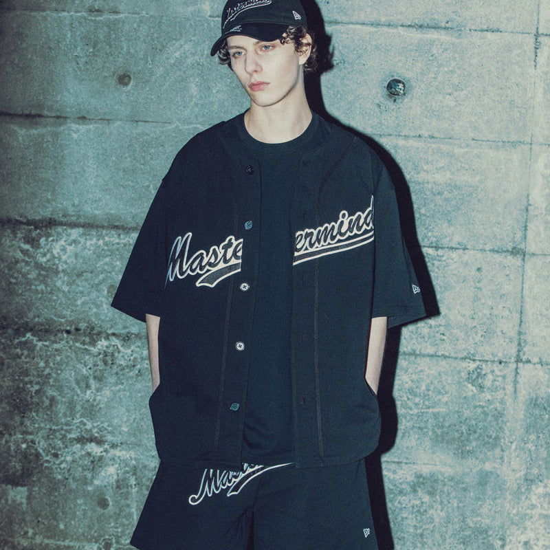 Black Mastermind Japan X New Era heavyweight baseball shirt, casual apparel with bold branding and classic baseball style.