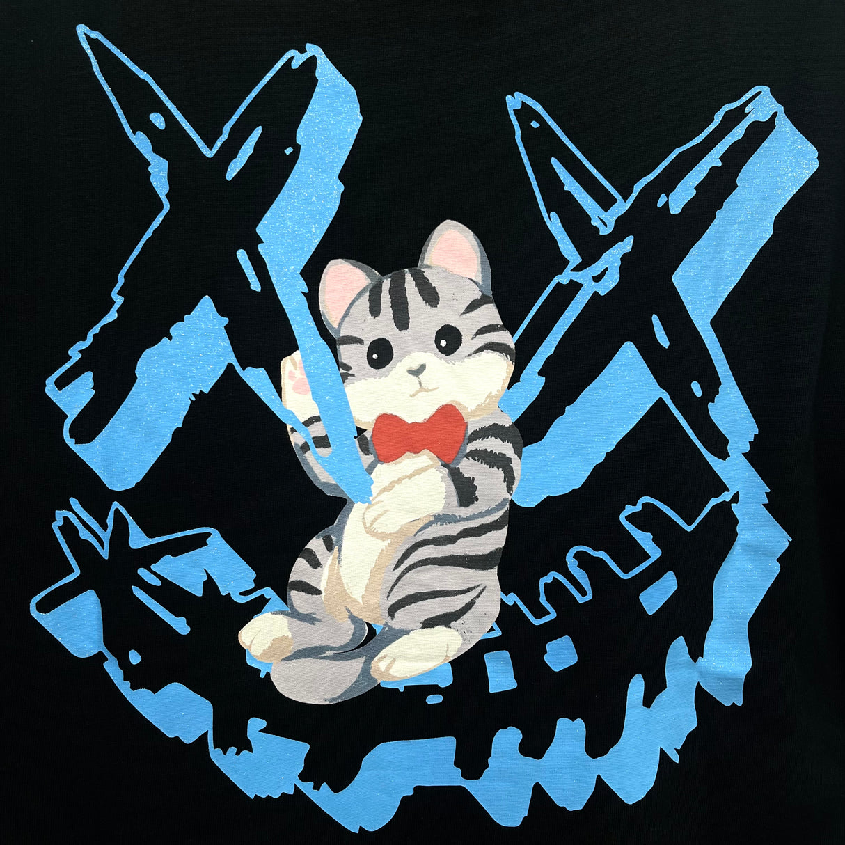 Black Rickyisclown hanging cat smiley tee shirt with graphic design, casual apparel by RICKYISCLOWN.