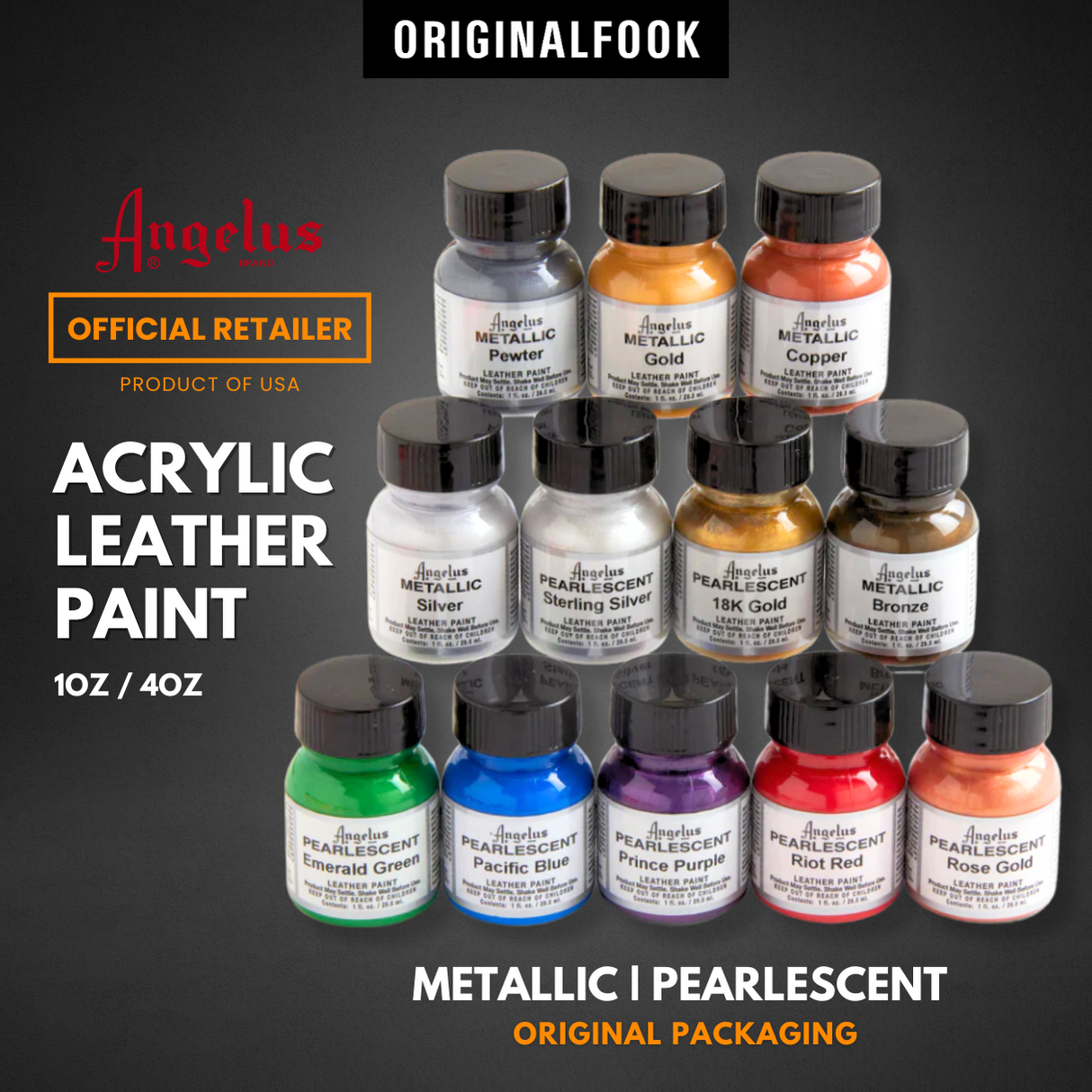 (12 Colors) Angelus Acrylic Leather Metallic & Pearlescent Paint ANGELUS ANGELUS - originalfook singapore