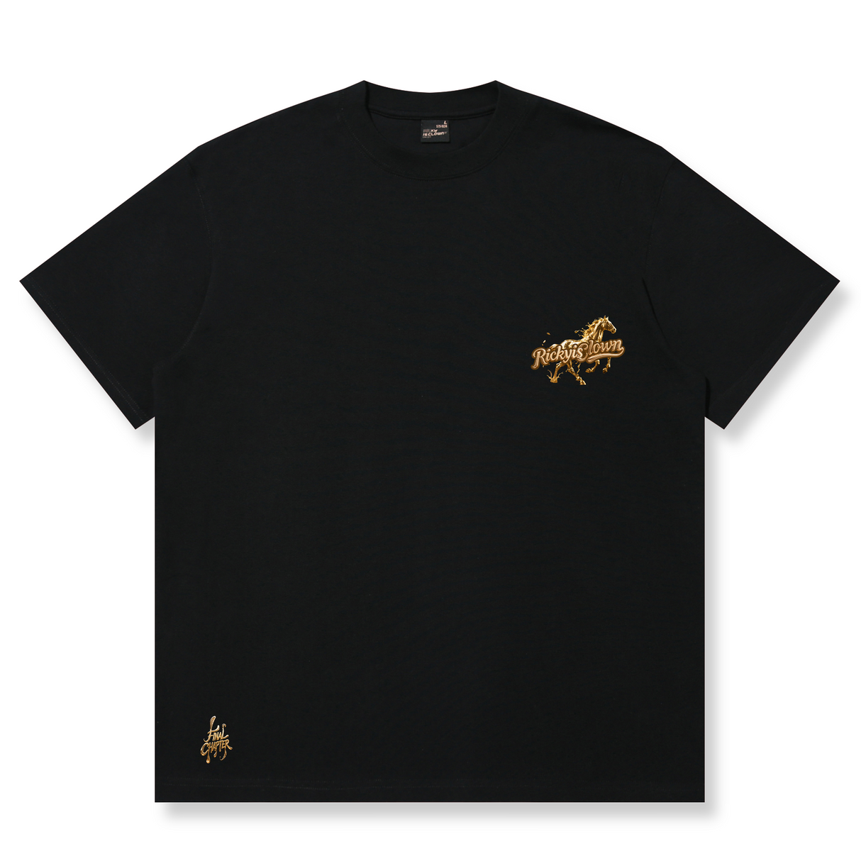 Black Rickyisclown Golden Horse Tee featuring a gold horse graphic, casual fit, from the RICKYISCLOWN apparel collection.