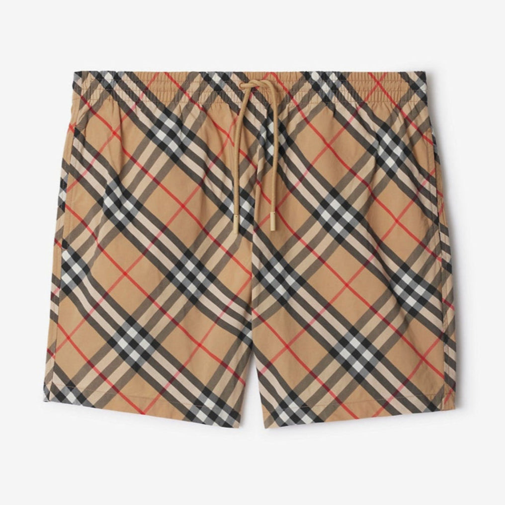 Burberry Diagonal Check shorts in beige and black plaid, casual apparel with adjustable waist and stylish design.