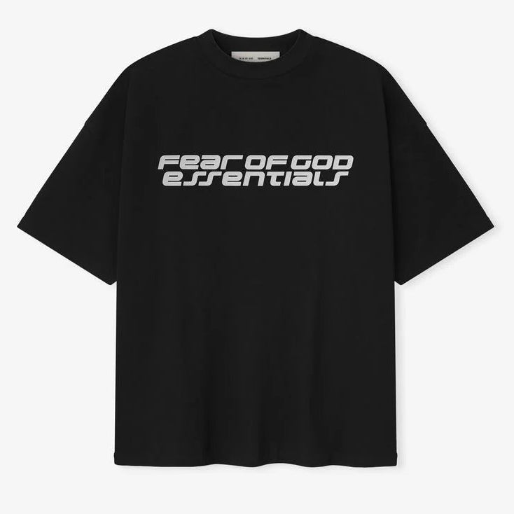 Fear of God Essentials Reflective Logo 90s Tee in black, featuring a reflective logo on the front, casual fit, and classic 90s style.