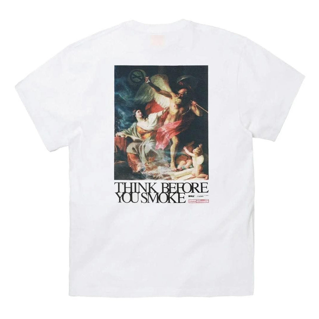 White FR2 Think Before You Smoke Art T-shirt featuring bold graphic design on the front, casual apparel for streetwear style.