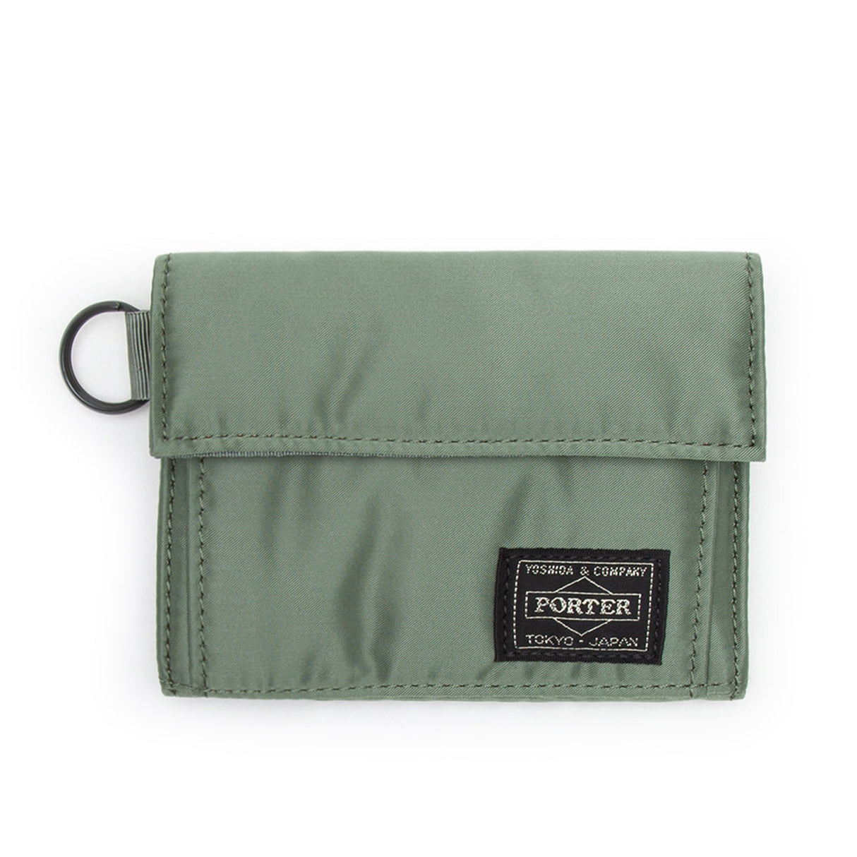 Porter Yoshida Japan Tanker Two-Fold Wallet in sage green with multiple card slots and classic design.