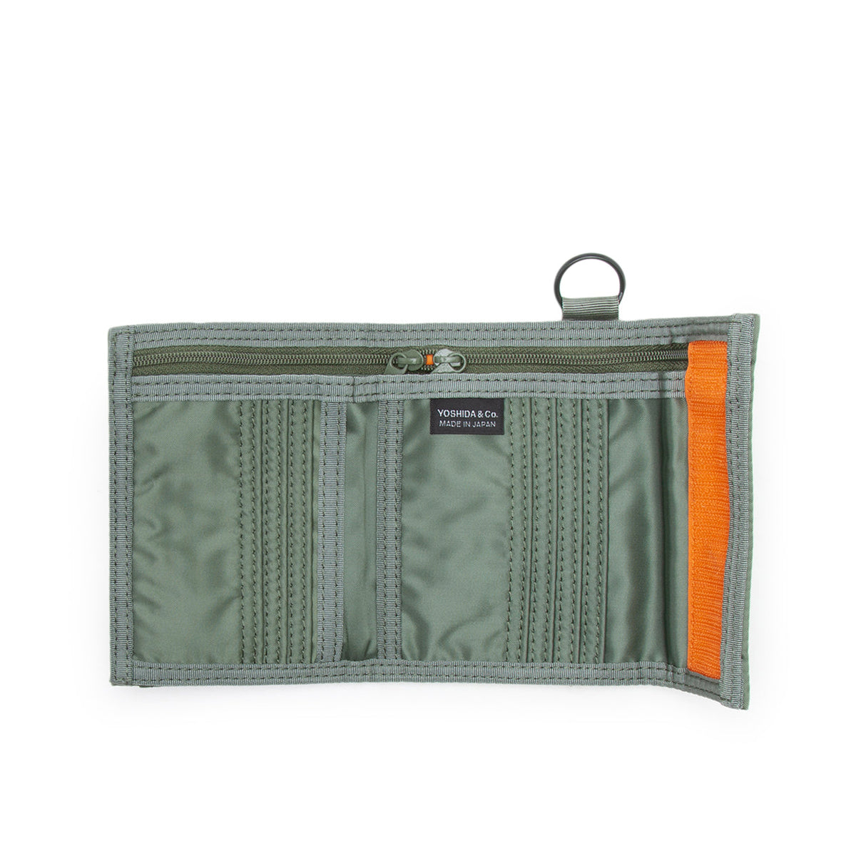 Porter Yoshida Japan Tanker Two-Fold Wallet in sage green, featuring multiple card slots and a compact design.
