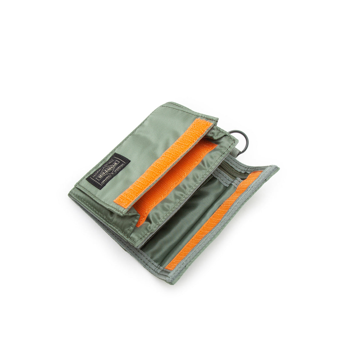 Porter Yoshida Japan Tanker Two-Fold Wallet in sage green with multiple compartments, casual accessories made of durable fabric.