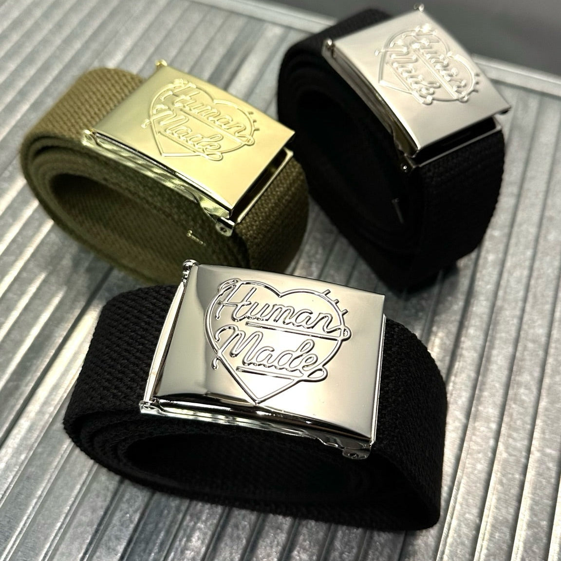 Black Human Made Logo Belt showing the branded strap with the Human Made logo embossed in black leather.
