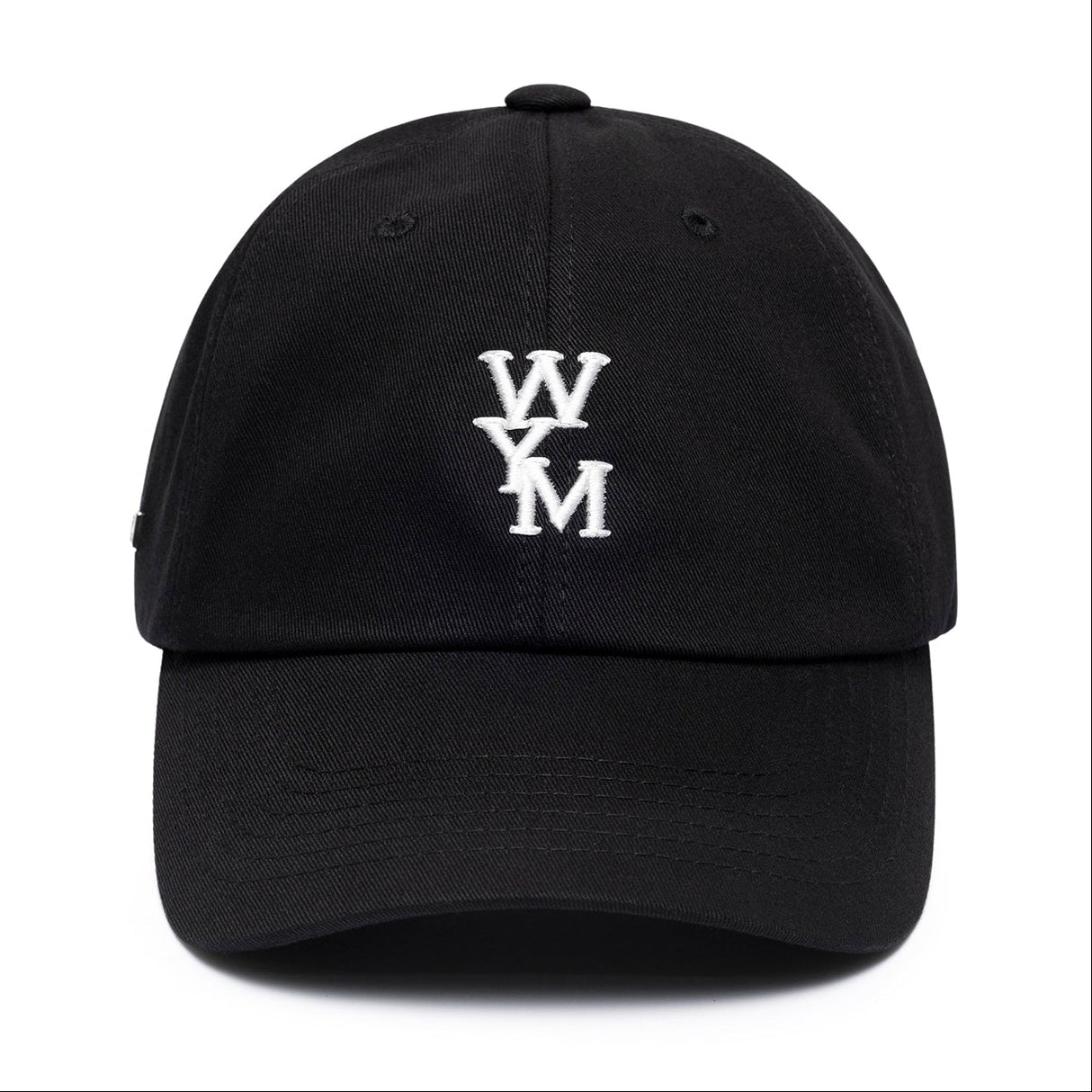 Black Wooyoungmi WYM logo cap, stylish headwear with adjustable strap and embroidered logo, perfect for casual fashion.
