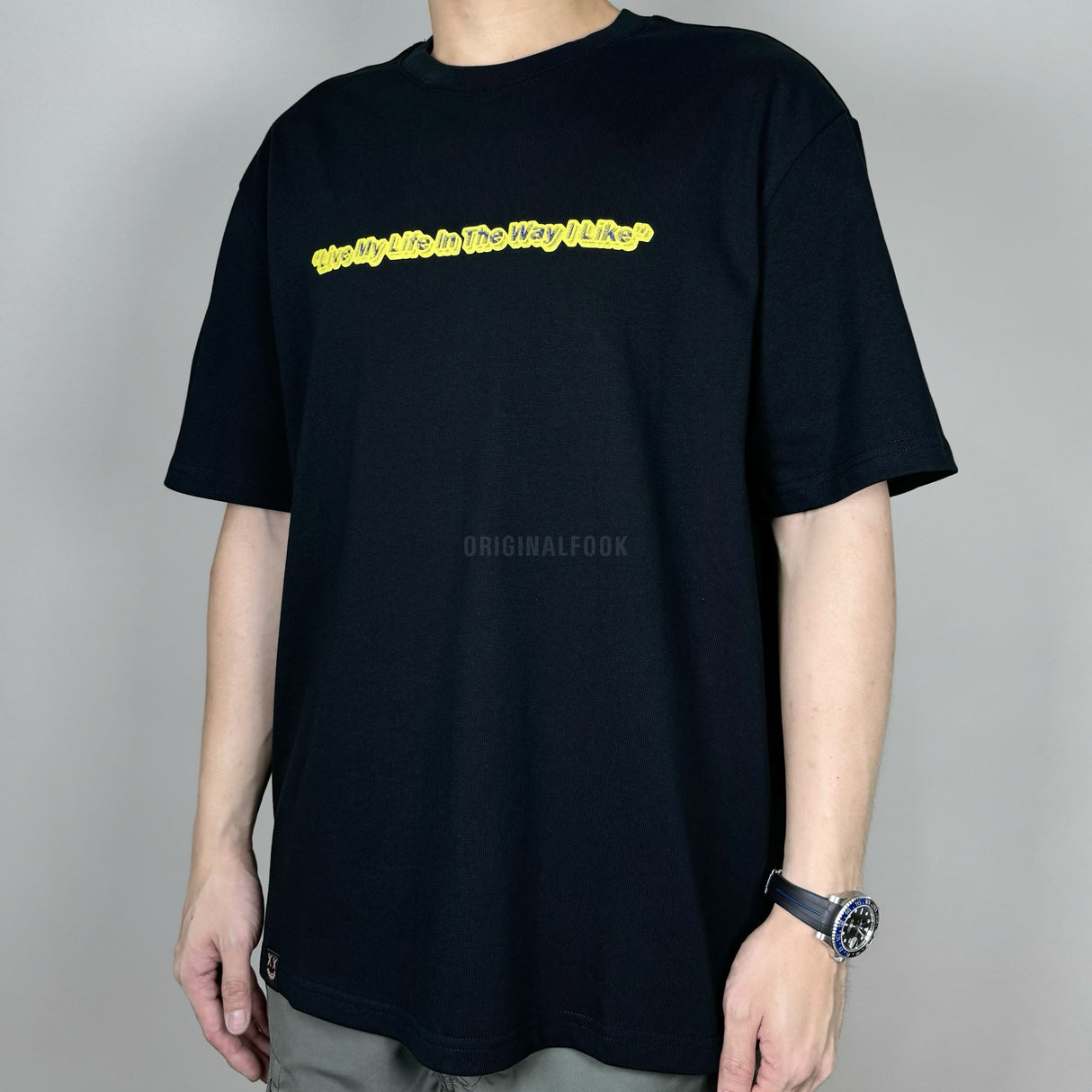 RICKYISCLOWN black 3D stencil graphic T-shirt showing bold design, casual fit, and crew neckline.