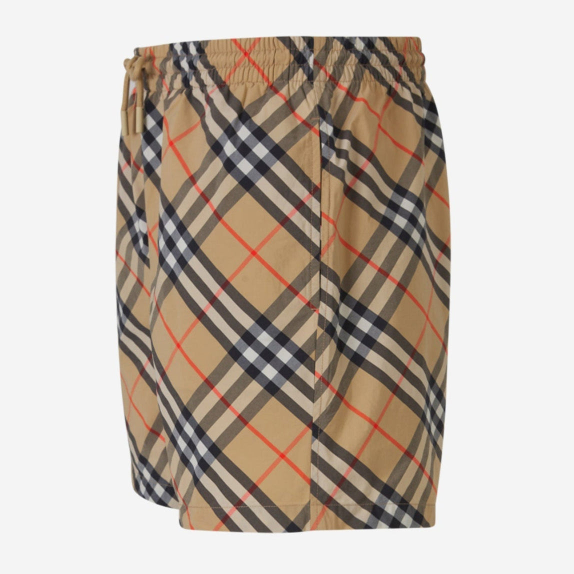 Burberry Diagonal Check shorts with classic beige, black, and red plaid pattern, tailored for a stylish casual look.